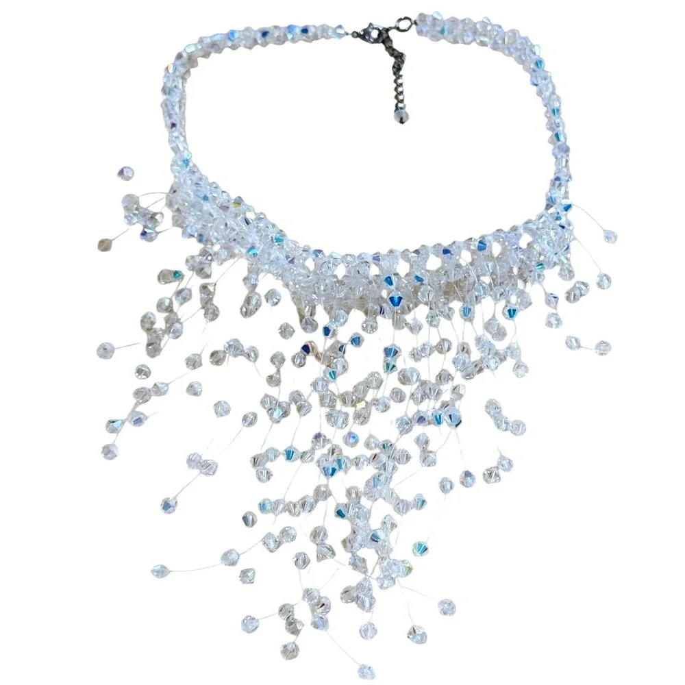 Vtg Waterfall Cascading Necklace Aurora‎ Borealis Crystal Statement Sparkly 14